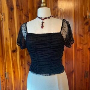 Ambiance sheer mesh ruffle polka dot square neck crop top